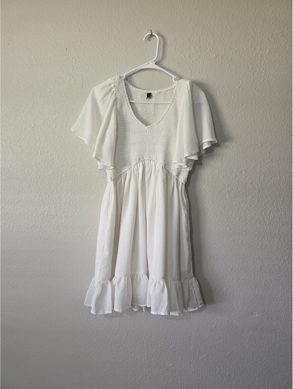 Women's White Flutter Sleeve Smocked Mini Dress